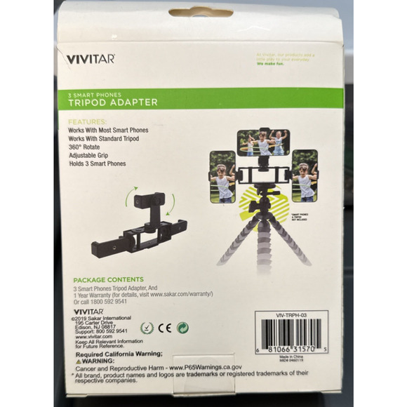 Vivitar Tripod Adapter 3 Smartphones Adjustable Grip Easy Mount - Picture 9 of 12
